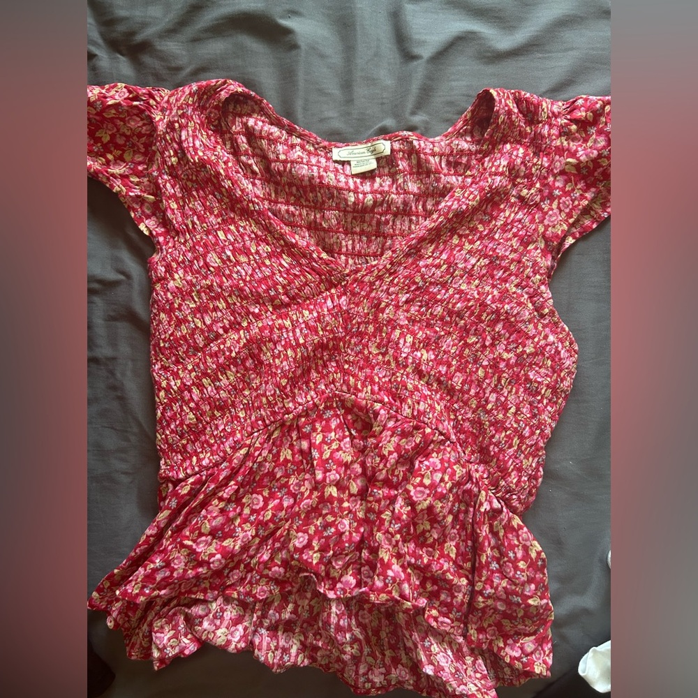 American Eagle Outfitters Red and White Smocked Short Sleeve Blouse